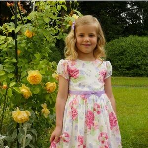 Rachel Riley White Floral Dress with Pink Roses and Purple Ribbon